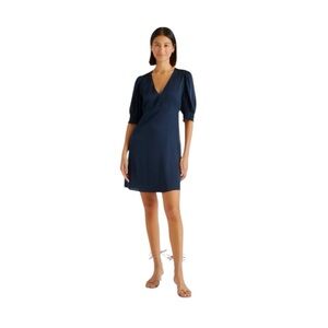 Quince Women's Washable Stretch Silk Puff Sleeve Navy Blue Mini Dress Size XS